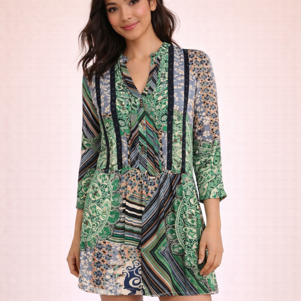 Anthropologie Tiny Caviana Shirt Dress PXS Green Mixed Print Boho Drop Waist Poc